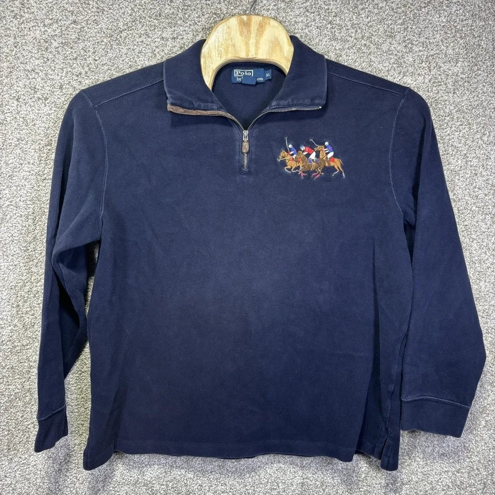 Polo By Ralph Lauren Sweater Mens XL Blue Cotton Quarter Zip Mock Neck Pullover
